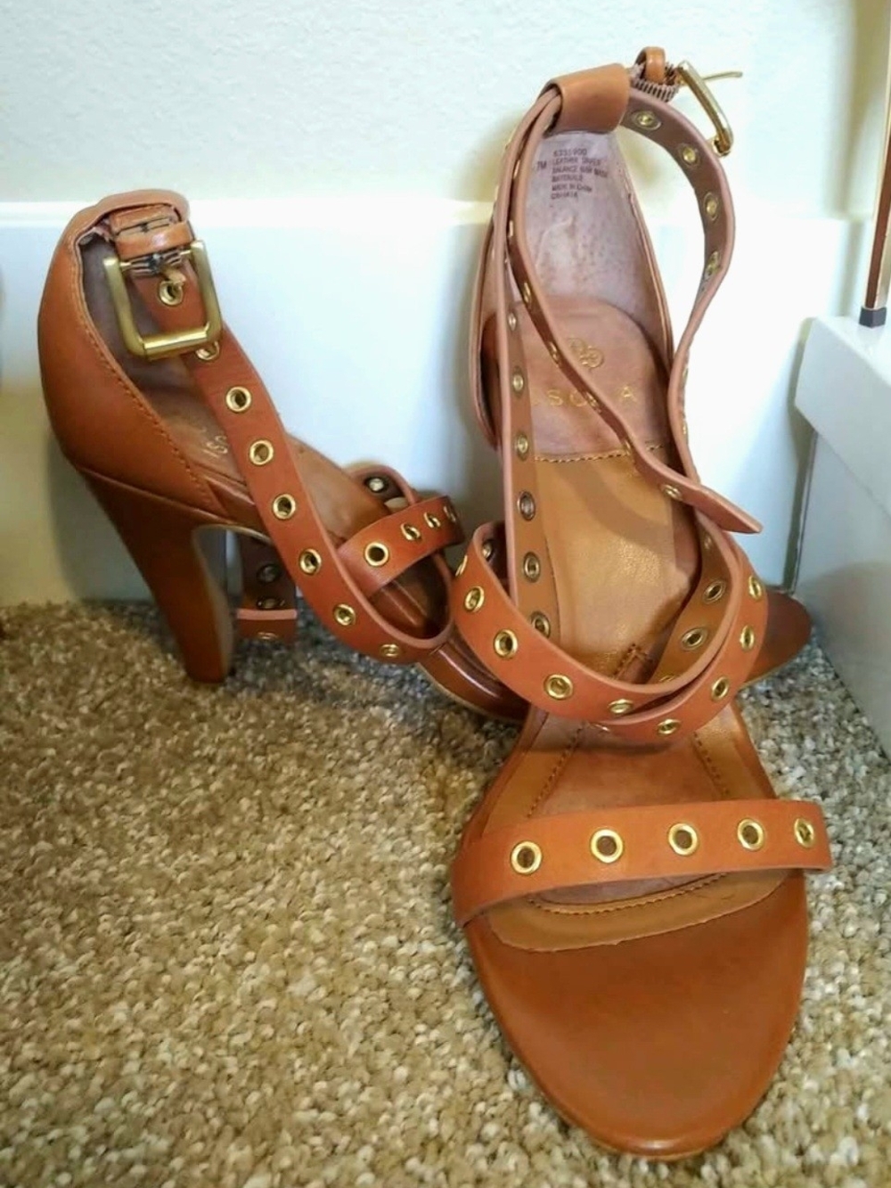 Isola Tan Leather Grommet Ankle-Strap High Heels
